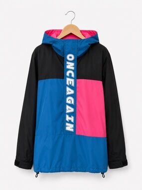 ONCE AGAIN Colorblock Windbreaker Jacket Neon Pink Blue Hooded M